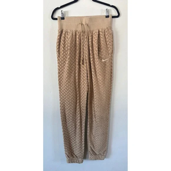 Nike Womens Small Textured Chevron Terry Joggers Tan Khaki High Rise Comfort - Picture 2 of 8